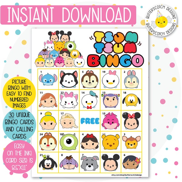 Tsum Tsum Printable Bingo Cards (30 Different Cards) - Instant Download