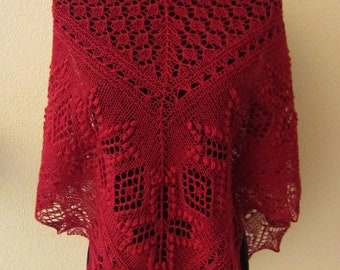 Red  estonian lace and nupps shawl, triangle lace shawl