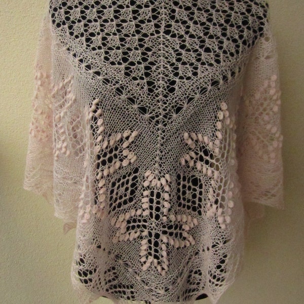 Light pink handknitted estonian lace and nupps shawl