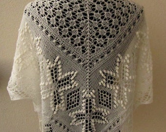 Handknitted white estonian lace shawl with nupps, triangle