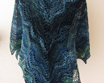 Handknitted lace shawl, triangle, green and blue shades, handpainted