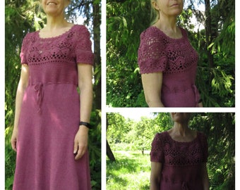 Knitted and crocheted lilac dress handmade