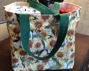 Go Green Reusable grocery tote, handmade, reusable tote, sunflowers pattern