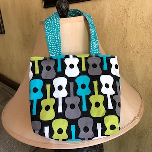 Reusable mini totes fabric handmade kids totes guitars