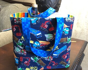Go Green Reusable grocery tote, handmade, reusable tote, Boys Trucks and Stripes pattern