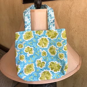 Reusable mini totes fabric handmade kids totes blue with green flowers