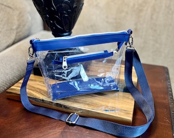 Clear Vinyl Stadium Bag. Crossbody purse Blue Faux leather, Navy webbing adjustable shoulder strap. Handmade
