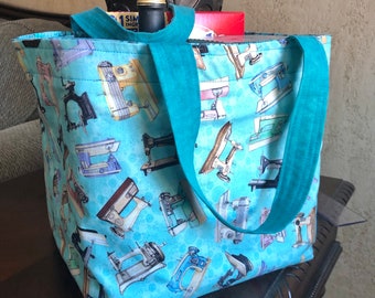 Go Green Reusable grocery tote, handmade, reusable tote, Blue Sewing pattern