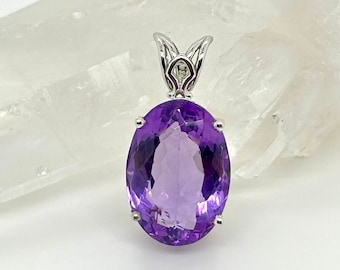 Oval Amethyst Pendant Necklace: 14k White Gold Filigree, February Birthstone