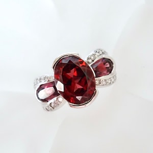 Three-Stone Garnet Engagement Ring in 18k White Gold