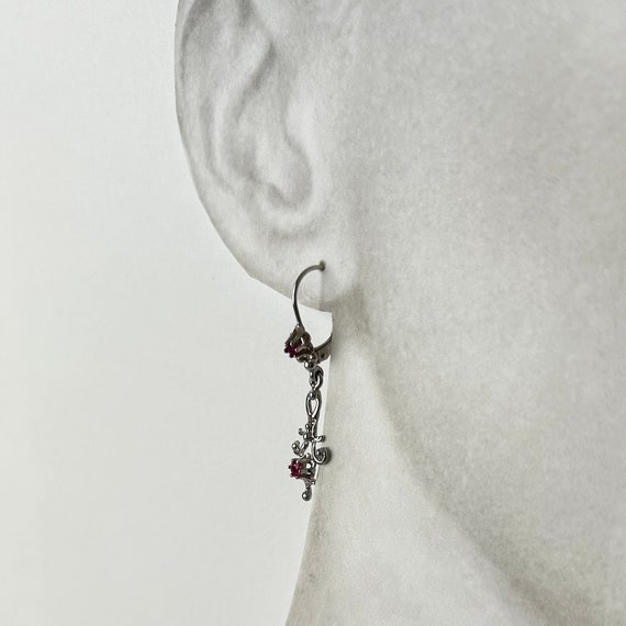 Filigree Ruby Dangle Earrings: 14k White Gold Art… - image 6