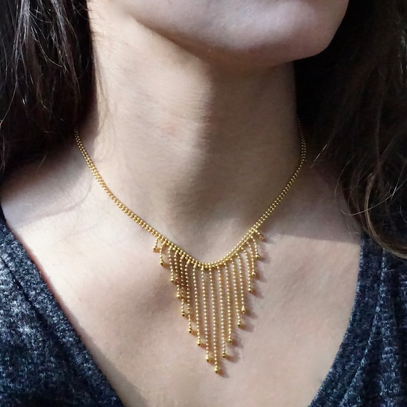 Gold Necklace 14k, Gold Bead Necklace, 80's Retro 