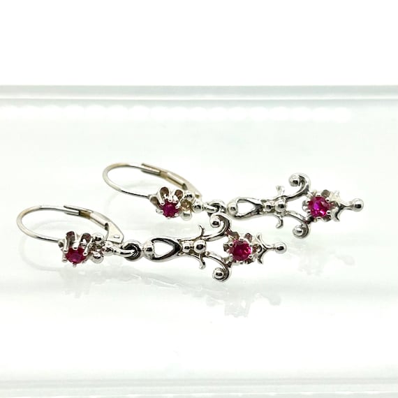 Filigree Ruby Dangle Earrings: 14k White Gold Art… - image 5