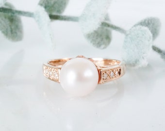 8mm pearl diamond rose gold ring, classic pearl 14k rose gold diamond ring