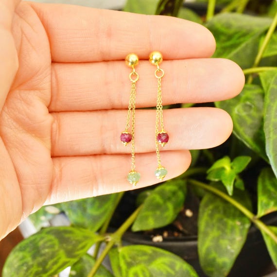 14k Emerald and Ruby Drop Earrings: Gemstone Dang… - image 4