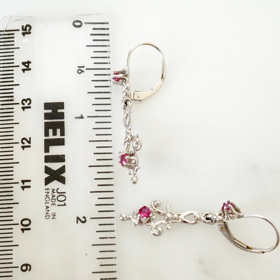 Filigree Ruby Dangle Earrings: 14k White Gold Art… - image 9