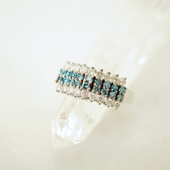 Blue and white Diamond Ring 14k White Gold, Teal B