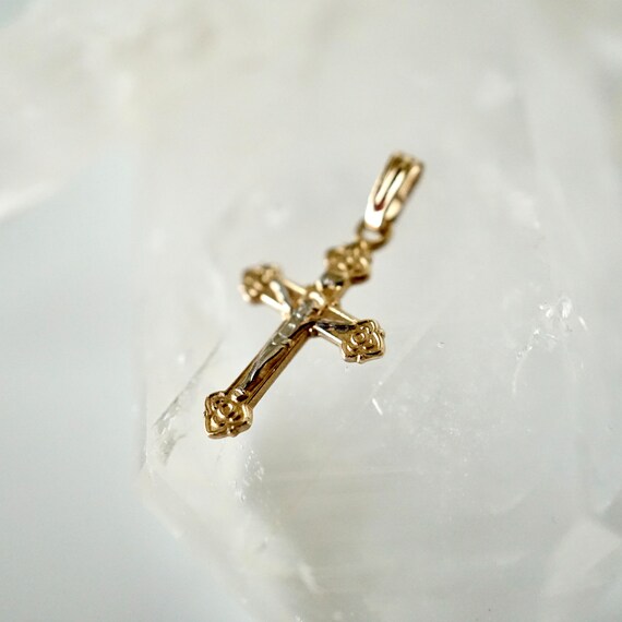 Crucifix Cross Pendant, 14k White and Gold Crucif… - image 5