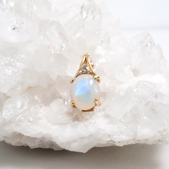 14K Gold Diamond Opal Pendant, 14 karat Opal Enha… - image 1
