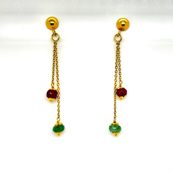 14k Emerald and Ruby Drop Earrings: Gemstone Dang… - image 1