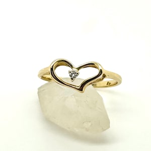 14k Gold Open Heart Ring with Diamond Accent, Diamond Heart Ring size 6.5
