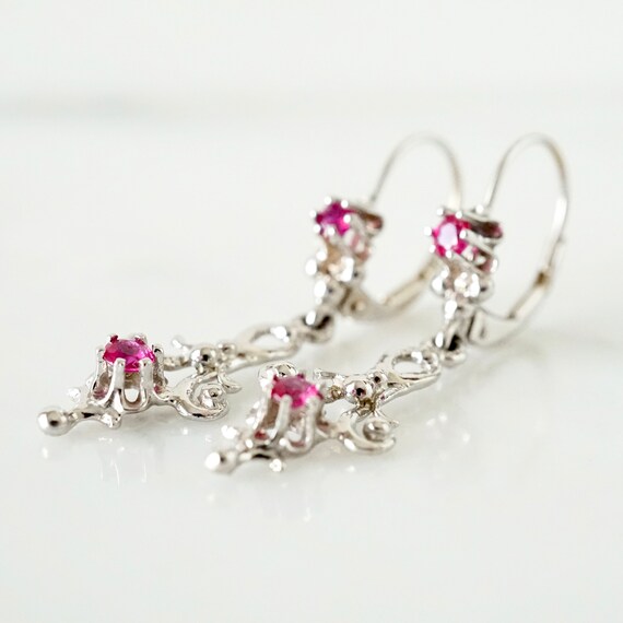 Filigree Ruby Dangle Earrings: 14k White Gold Art… - image 8
