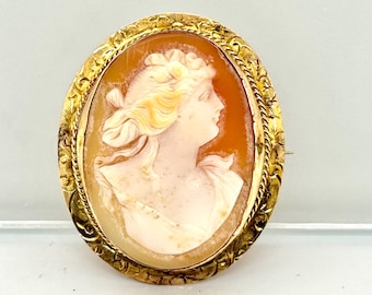 Vintage Shell Cameo Brooch, 10k 12k Gold, Hand Engraved Portrait Pin