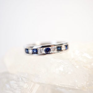 Vintage Sapphire Diamond Band Ring: 14k White Gold Anniversary
