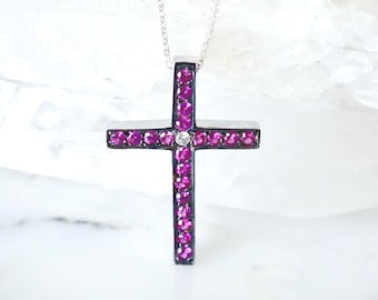 Hot Pink Sapphire Diamond Cross Pendant, 14k White Gold Oxidized Modern Jewelry