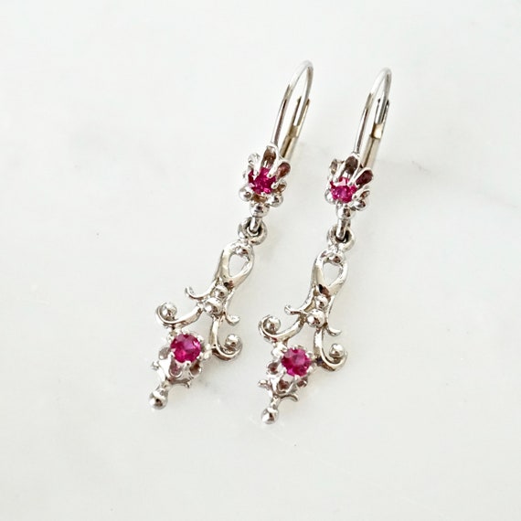 Filigree Ruby Dangle Earrings: 14k White Gold Art… - image 1