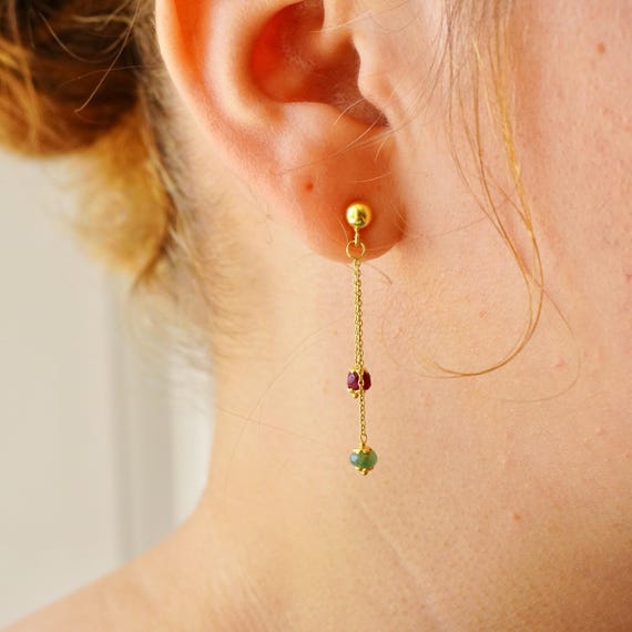 14k Emerald and Ruby Drop Earrings: Gemstone Dang… - image 2