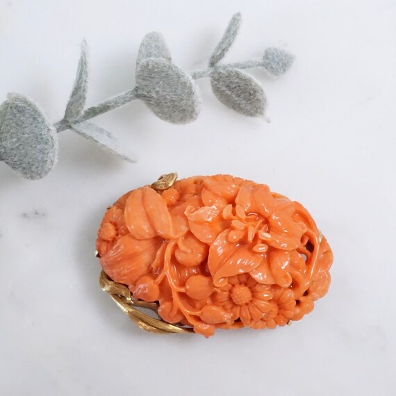 Coral Flower Brooch Pendant 14k Carved Natural Coral Flower Pin