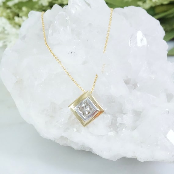 Princess Cut Diamond Pendant Necklace: 18k Two-tone Gold Solitaire