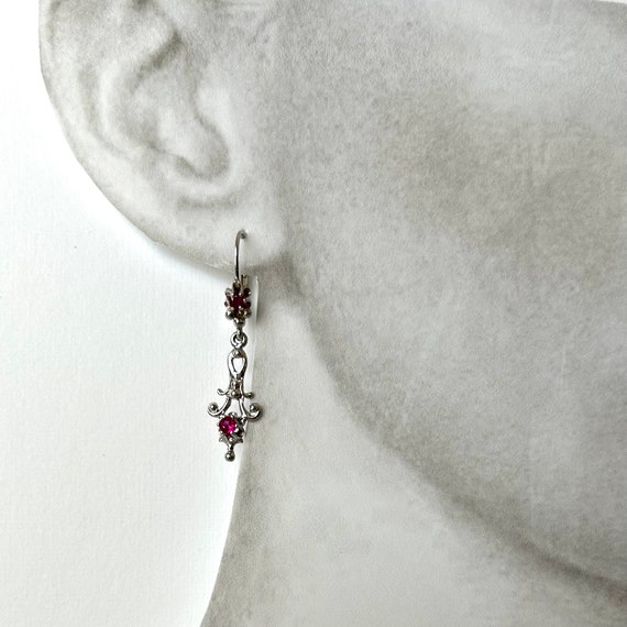 Filigree Ruby Dangle Earrings: 14k White Gold Art… - image 3