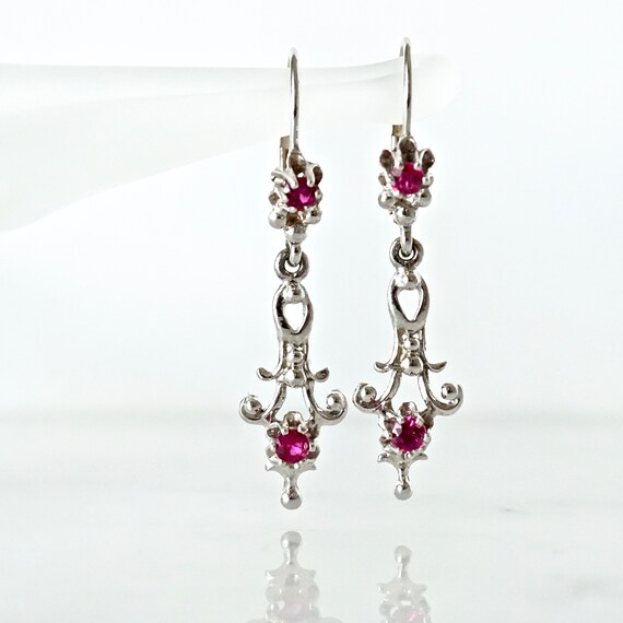 Filigree Ruby Dangle Earrings: 14k White Gold Art… - image 4