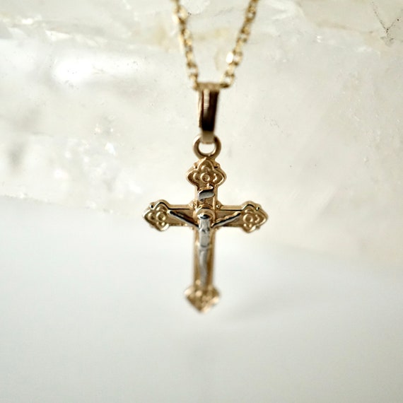 Crucifix Cross Pendant, 14k White and Gold Crucif… - image 3