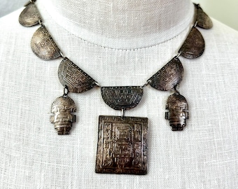 Vintage Peruvian 925 Sterling Silver Necklace | Inca Warrior Statement Necklace | Artisan Tribal Jewelry | Ethnic Boho Collar