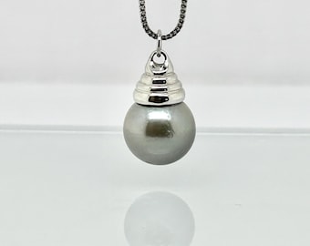 12mm Tahitian Pearl Pendant 14k White Gold Silver Grey Pearl