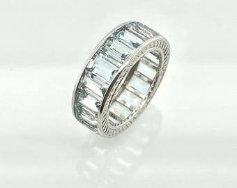Emerald Cut Aquamarine Eternity Band | 14K White Gold Vintage Style Wedding Ring