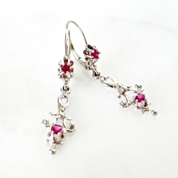 Filigree Ruby Dangle Earrings: 14k White Gold Art… - image 2