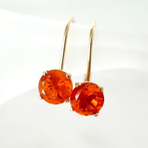 Opal Earrings, Orange Mexican Opal Earrings 14k G… - image 1