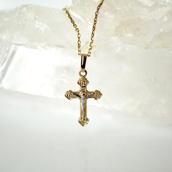 Crucifix Cross Pendant, 14k White and Gold Crucif… - image 7