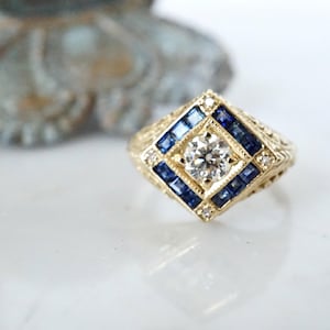 Vintage diamond and sapphire ring, art deco sapphire diamond ring, geometric diamond ring, filigree diamond ring