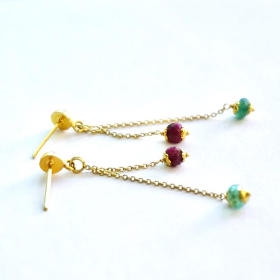 14k Emerald and Ruby Drop Earrings: Gemstone Dang… - image 6
