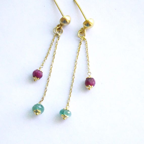 14k Emerald and Ruby Drop Earrings: Gemstone Dang… - image 7