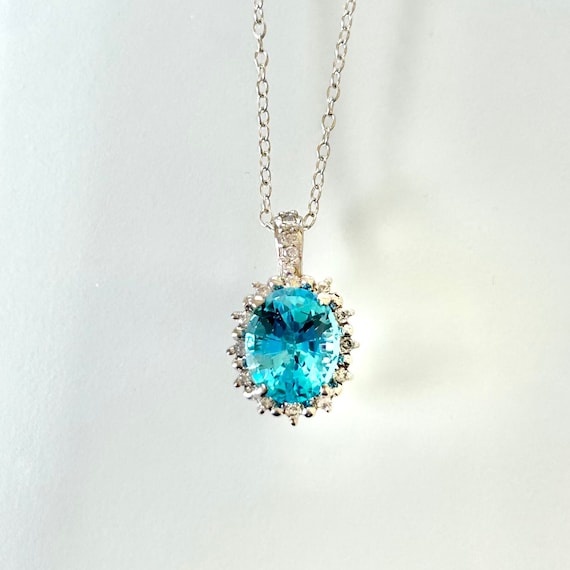 Blue Topaz Necklace, Blue Topaz Diamond Pendant Wh