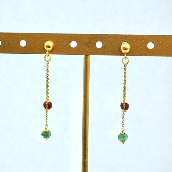 14k Emerald and Ruby Drop Earrings: Gemstone Dang… - image 5