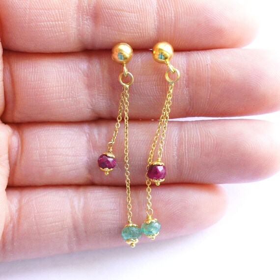 14k Emerald and Ruby Drop Earrings: Gemstone Dang… - image 8