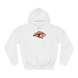 May include: White hooded sweatshirt with a kangaroo pocket and drawstring. The sweatshirt features a maroon and gold cougar logo on the chest. The hoodie is made of a soft, comfortable material.