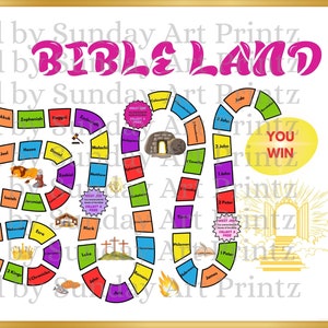 May include: A colourful game board with a winding path, featuring the names of books from the Bible. The board is titled "Bible Land" and includes a "Start" space and a "You Win" space. The game board is designed for children to learn about the Bible.